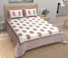 100% Cotton Jaipuri Bedsheet For King Size (90 X 103 Inches, Cream & Pink) With 2 Pillow Covers | Perfect For Everyday Use, Guest Rooms, Or Gifting On Special Occasions