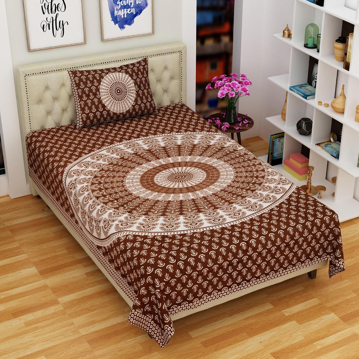 Traditional Jaipuri Single Bedsheet With 1 Pillow Cover - 56 X 86 Inches, Brown & White | Good Gifting Idea For Diwali | Skin Friendly Fabric With Vibrant Colors