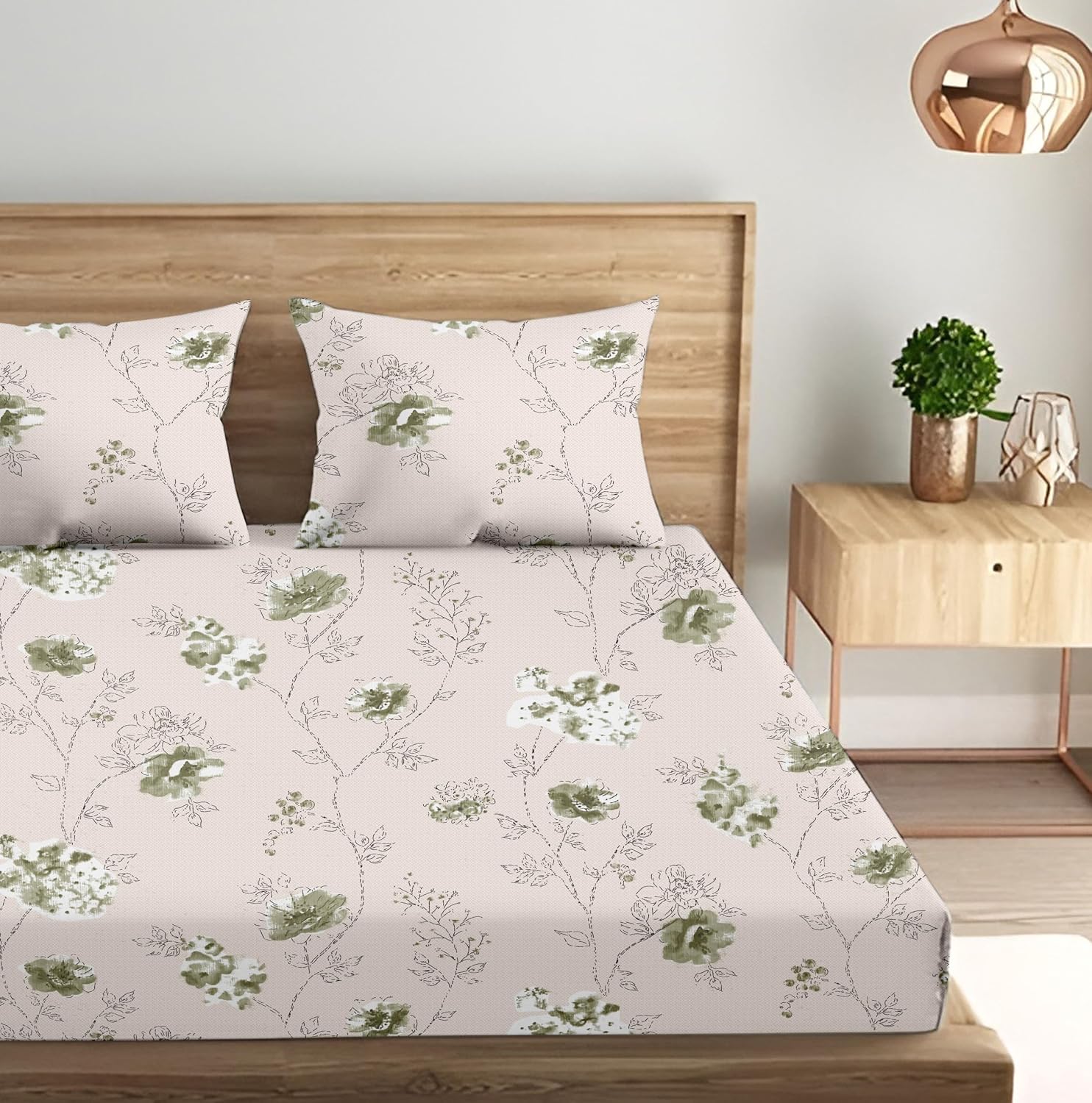 King Size Fitted Bedsheet With 2 Large Pillow Covers - 108 X 108 Inches, Beige & Green | Soft, Breathable & Durable | Wrinkle Resistant