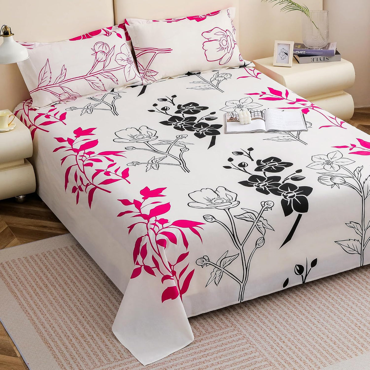 King Size Bedsheet With 2 Pillow Covers - 88 X 106 Inches, Pink & Black | Summer Breathable & Wrinkle Free | Bedsheet Long Lasting & Soft To Touch