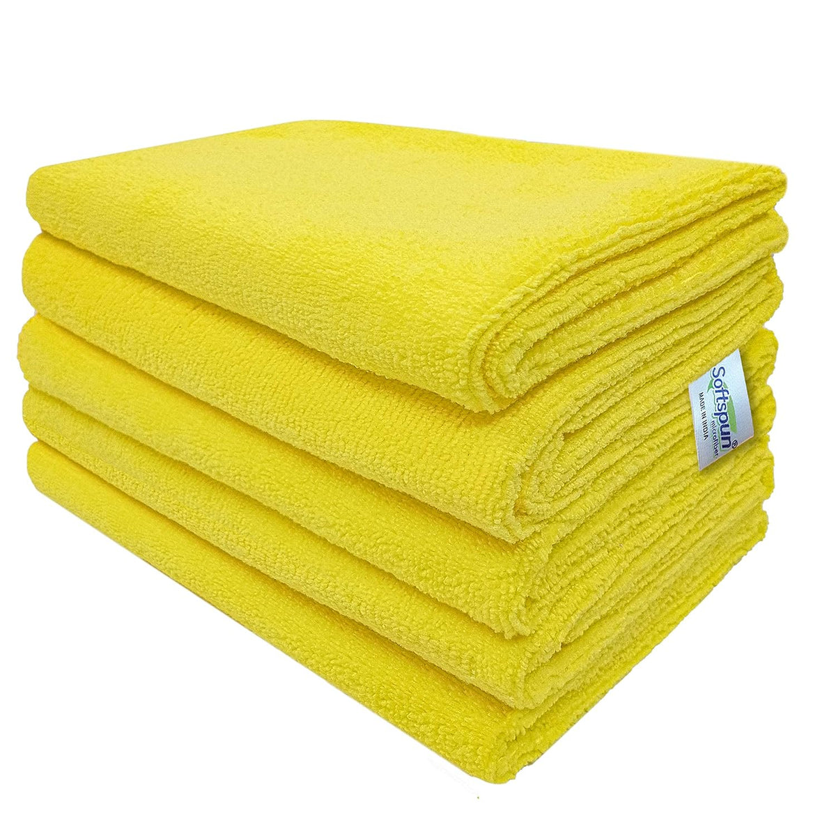 Softspun Microfiber Cleaning Cloths Towel Set 340 Gsm | Highly Absorbent Lint & Streak Free Multi-Purpose Wash Cloth For Kitchen Car Window Stainless Steel Silverware Pack Of 5 (Yellow)