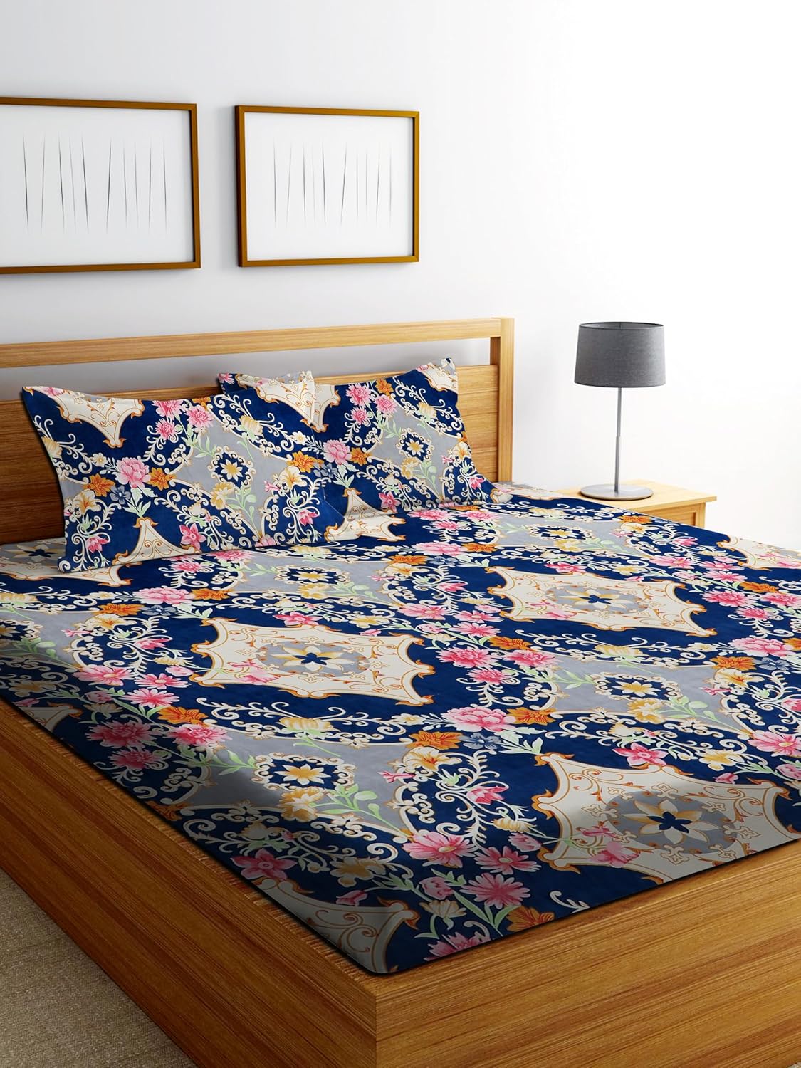 Printed Double Bedsheet 2 Matching Pillow Covers - 72 X 780 Inches, Multicolor | All Around Elastic Soft & Durable Bedding For Bedroom - Lightweight Perfect For All Seasons