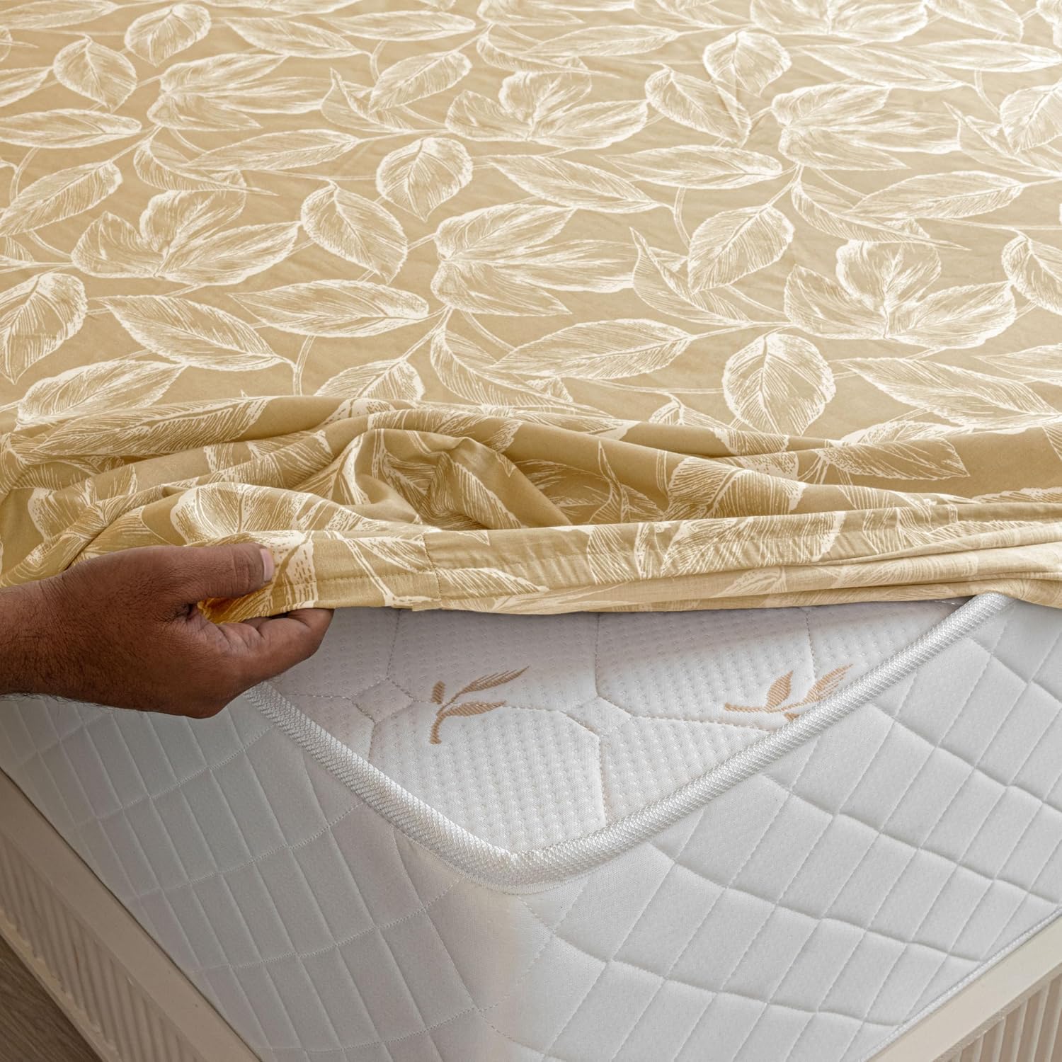 Premium Cotton Fitted Bedsheet King Size - 78 X 72 Inches With 2 Pillow Covers, Golden | Super Soft, Breathable & Wrinkle Free