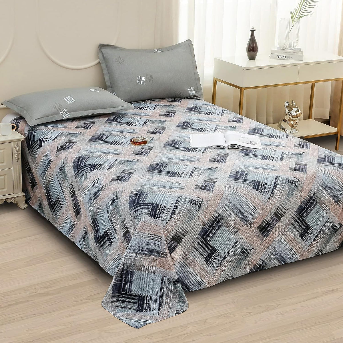 Bedsheets For Double Bed With 2 Pillow Cover - 92 X 98 Inches, Grey & Peach | Satin Finish Microfiber Queen Size Bedsheet | Skin Friendly & Breathable Fabric