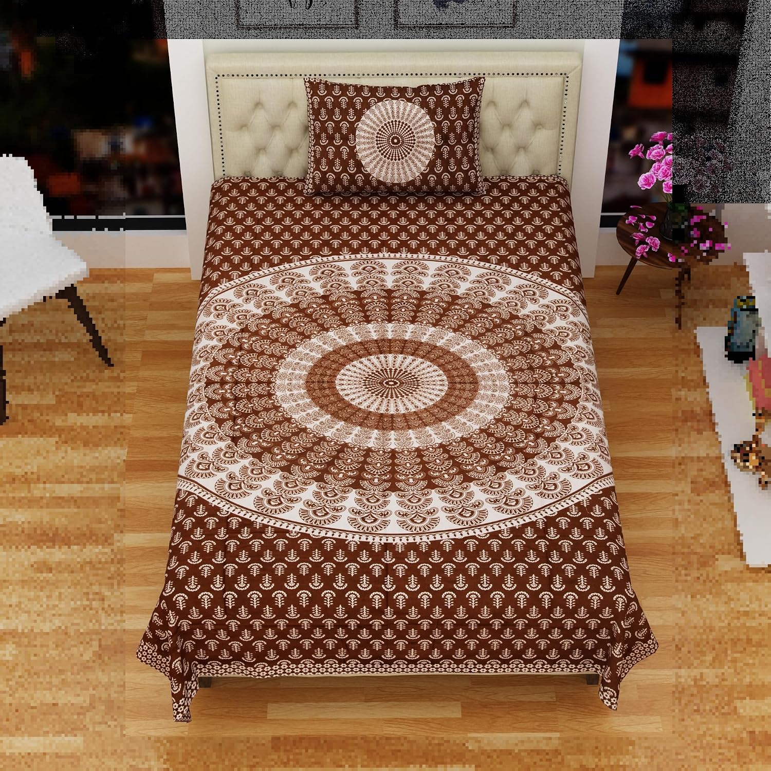 Traditional Jaipuri Single Bedsheet With 1 Pillow Cover - 56 X 86 Inches, Brown & White | Good Gifting Idea For Diwali | Skin Friendly Fabric With Vibrant Colors