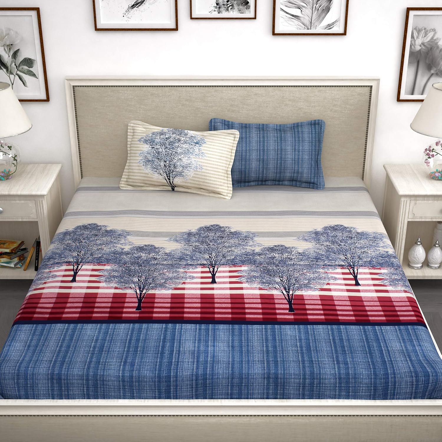 Soft Bedsheet For King Size Bed With 2 Matching Pillow Cover | 106 X 106 Inches, Blue & Cream | Skin-Friendly Touch & Lasting Comfort - Soft & Breathable