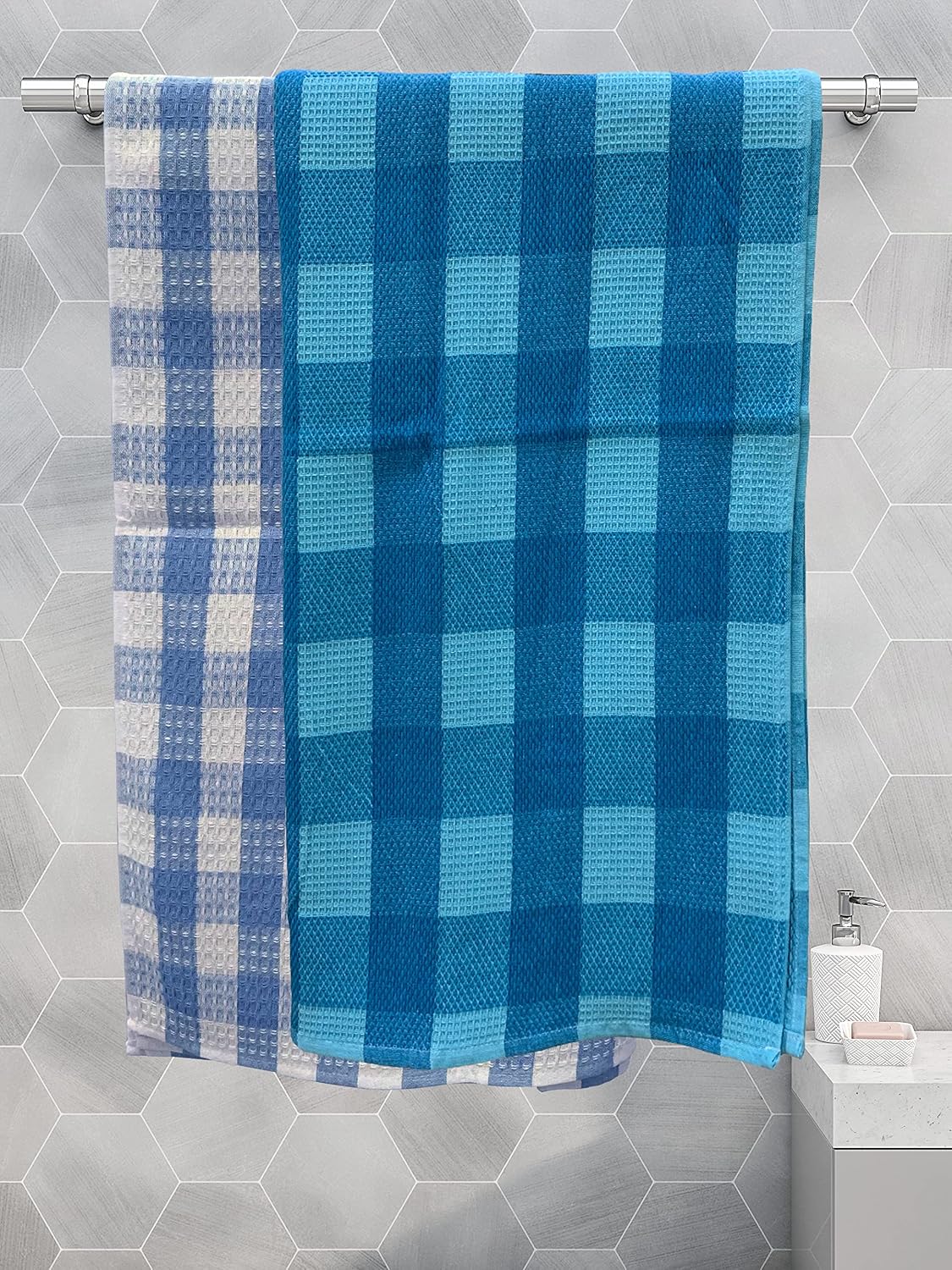 Athom Trendz Living Eco Saviour Premium Cotton Bath Towel 400 Gsm Blue Checkers & S Blue Big Checks- Pack Of 2