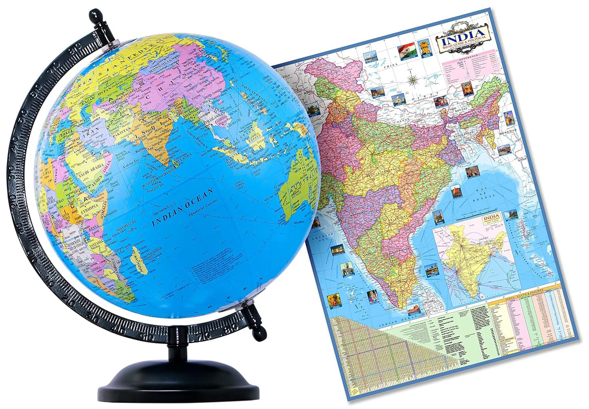 Educational Globe - 10 Inch Height Metal Base + India Political Map (70 X 100 Cm) - Home & Office Decor World Globe For Gifting, Decorating & Learning