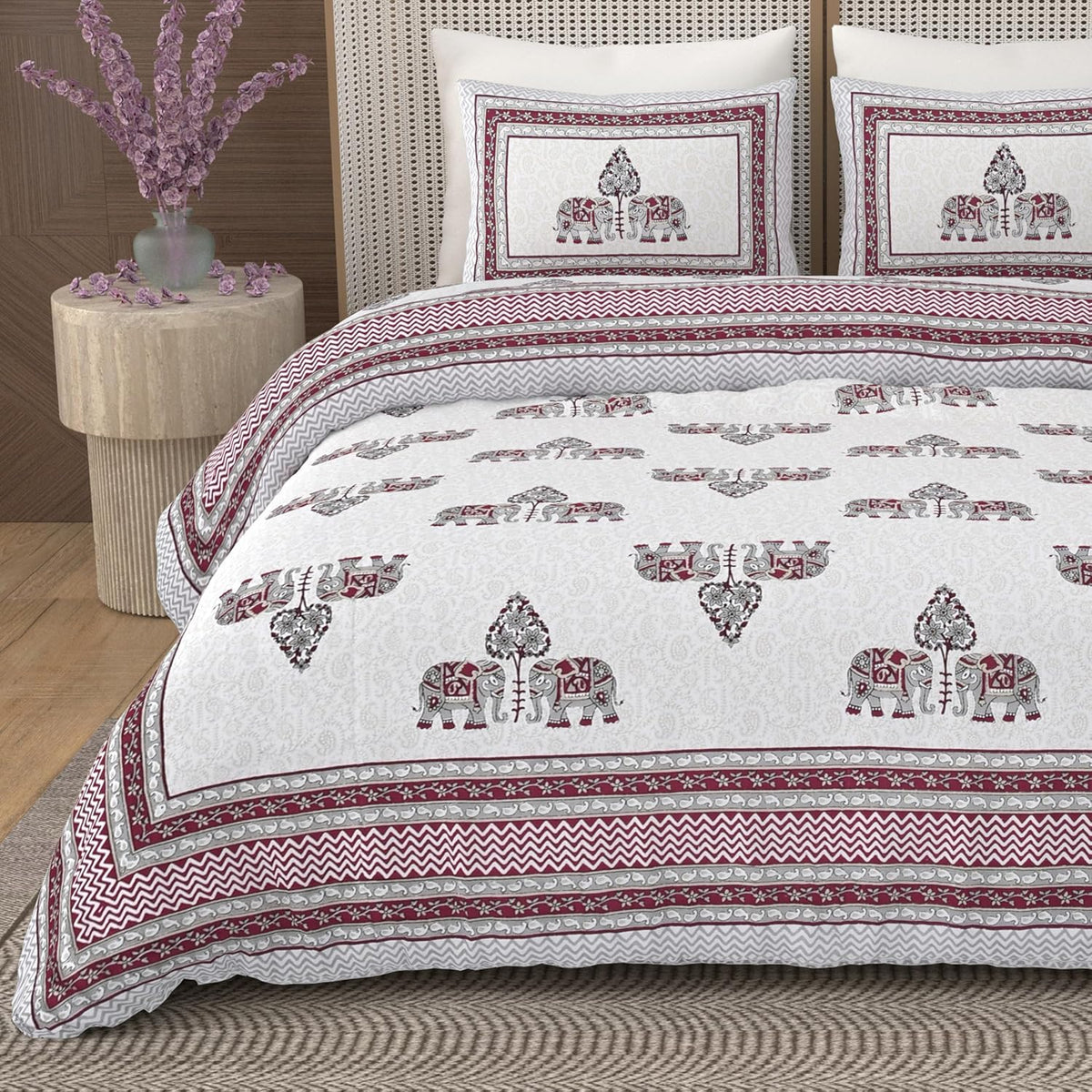1 Queen Size Bedsheet For Double Bed With 2 Pillow Covers (90 X 108 Inches) Cream & Maroon | Beautiful Printed Designs - Breathable 100% Cotton Bedsheet Comfortable