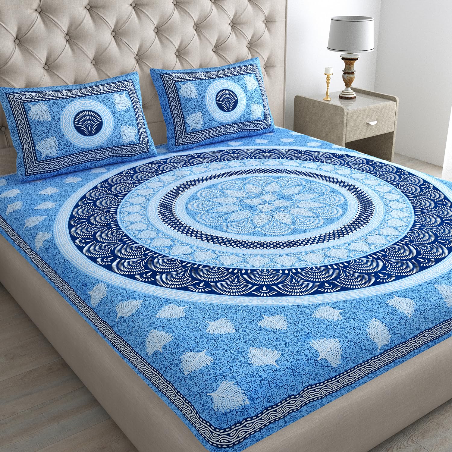 Flower Jaipuri Print 100% Cotton Double Bedsheet For Queen Size With 2 Pillow Covers - 82 X 92 Inches, Blue | Better Use Soft Detergent For Long Durability