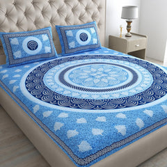 Flower Jaipuri Print 100% Cotton Double Bedsheet For Queen Size With 2 Pillow Covers - 82 X 92 Inches, Blue | Better Use Soft Detergent For Long Durability