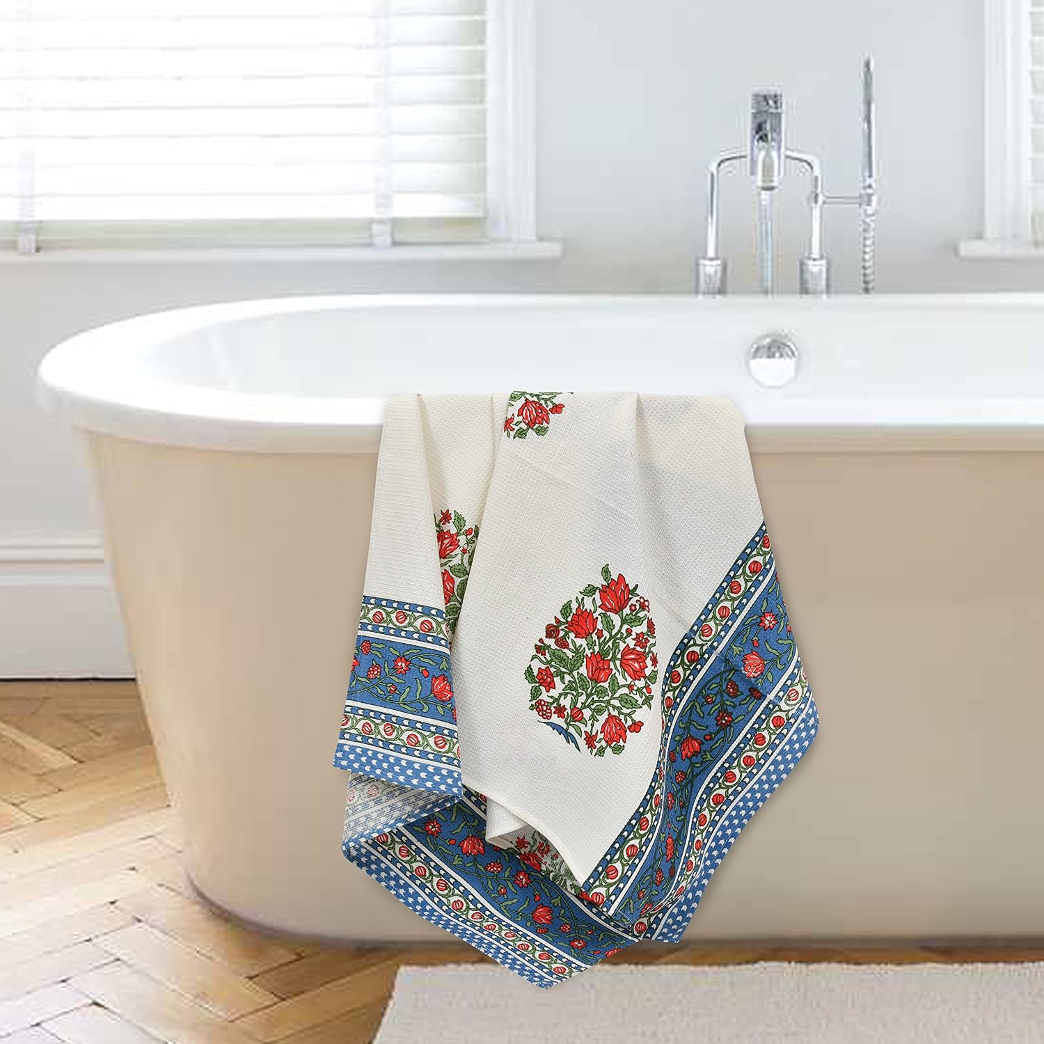 Easygoods Waffle Bath Towel Beautiful Pure Cotton Hand Block Printed Soft Water Absorbent Floral Printed Towels 250 Gsm (Water Blue)