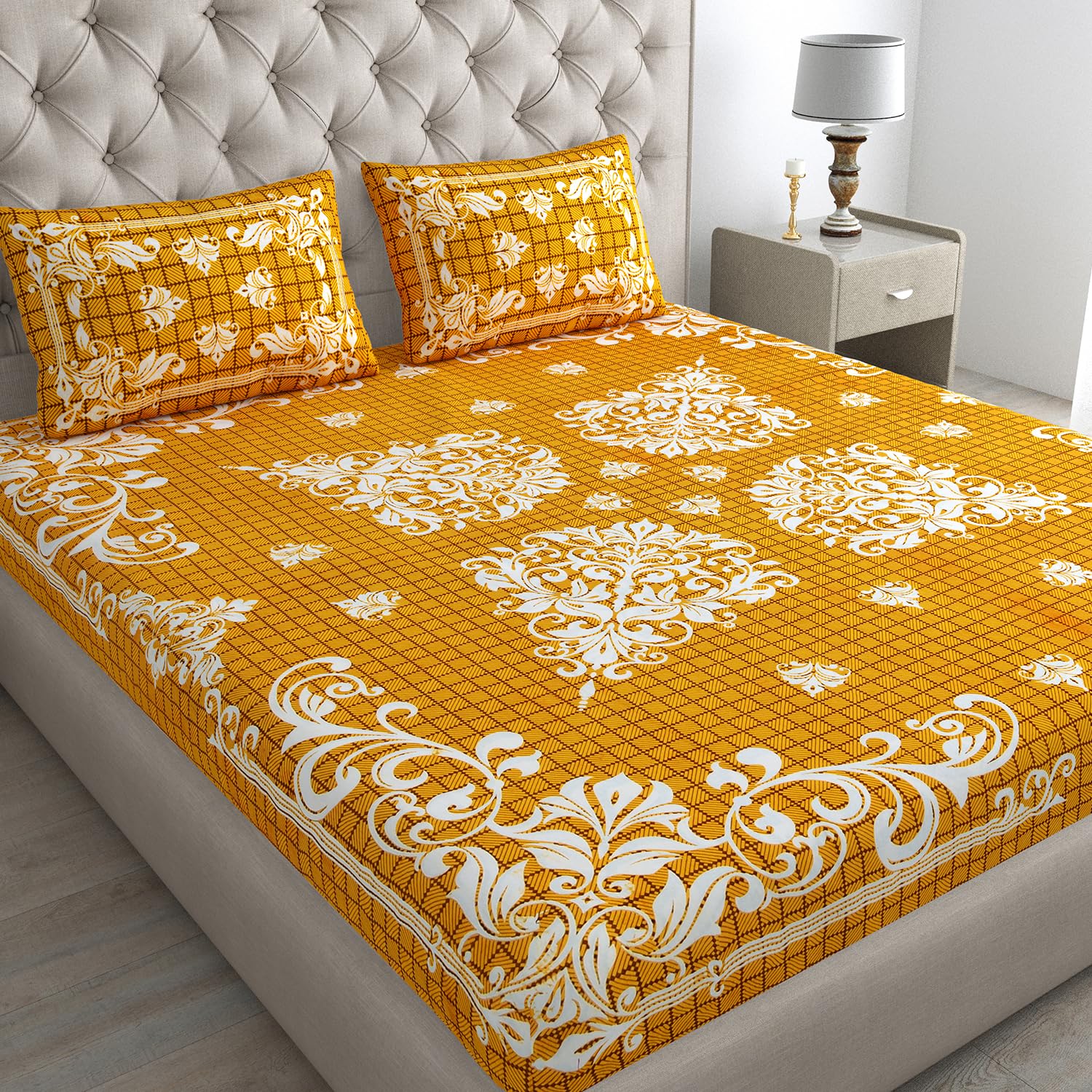 Printed Bedsheet For Double Bed With 2 Pillow Covers - 83 X 94 Inches, Yellow & White | Ideal For Hotel, Guest House, Home | Traditional Jaipuri Bedsheets
