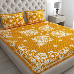 Printed Bedsheet For Double Bed With 2 Pillow Covers - 83 X 94 Inches, Yellow & White | Ideal For Hotel, Guest House, Home | Traditional Jaipuri Bedsheets