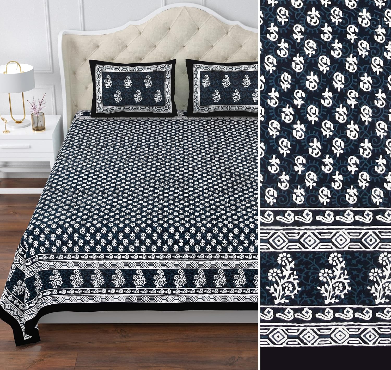Printed Cotton Double Bedsheet For King Size With 2 Pillow Covers (95 X 108 Inches) Black & White | 280 Thread Count - Pure Cotton Natural Fabric & Skin-Safe | Extra Soft & Wrinkle Free