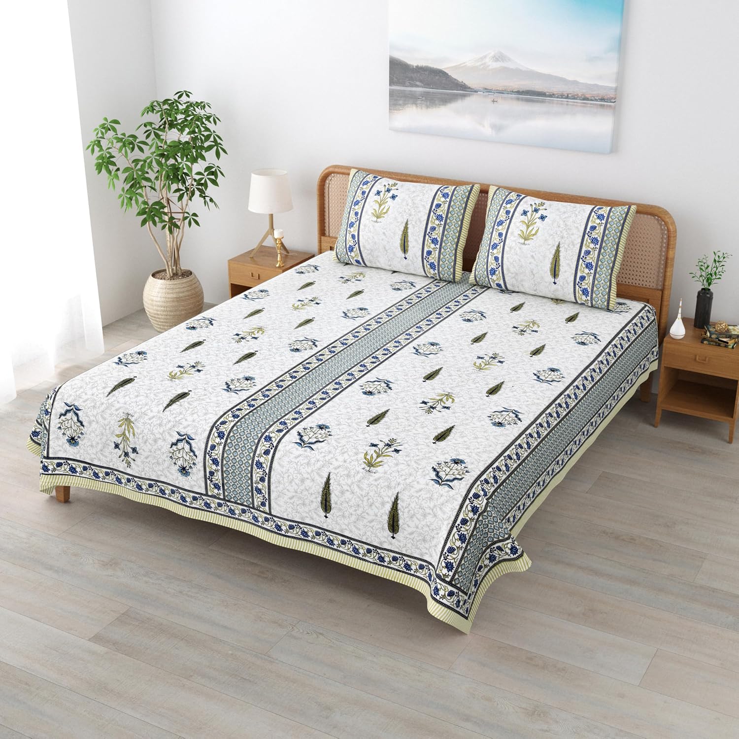 Traditional Rajasthani Cotton Bedsheet For King Size With 2 Matching Pillow Cover | 90 X 108 Inches, Green & White | Soft & Comfortable Fabric