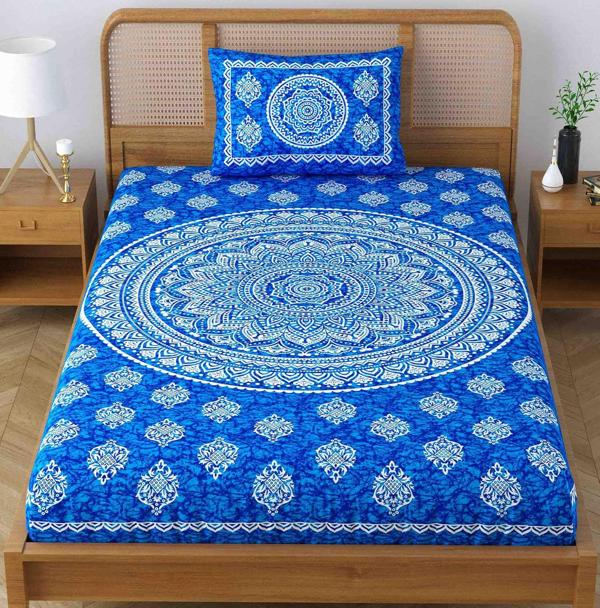Single Bedsheet With 1 Pillow Covers - 54 X 84 Inches, Blue | Long Lasting & Soft 120 Thread Count Bedsheet | Traditional Jaipuri Printed Bedsheet
