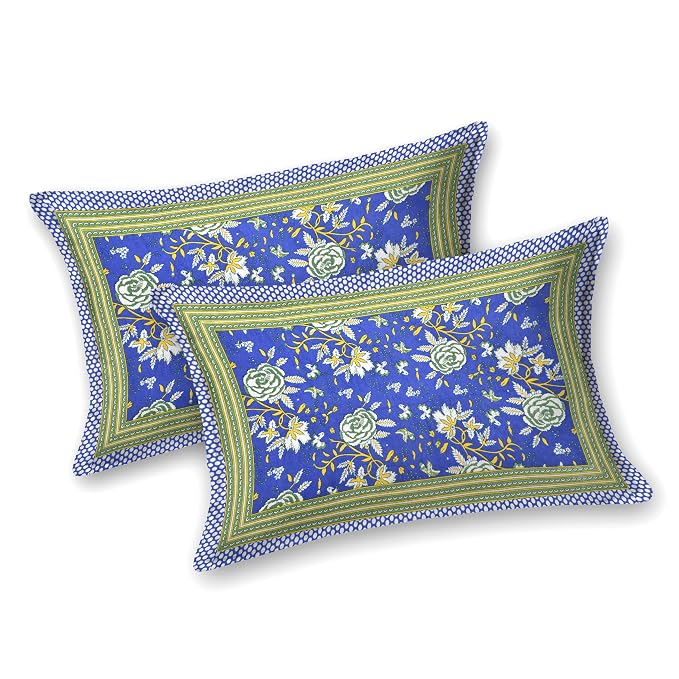 Hand Block Printed Cotton King Size Bedsheet With 2 Pillow Covers, 106 X 106 Inches, Blue | 200 Thread Count-Good For Villas, Resorts, Guest Houses, & Daily Home Use