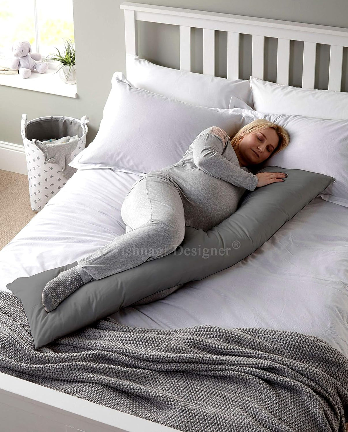 Pregnancy Pillow, Cotton Soft Maternity Pillow, Grey Color - 18 X 54 Inch | Pillow For Pregnant Women, Full Body Support, Removable Grey Cover With Microfiber Filling, Adjustable - Pack Of 1