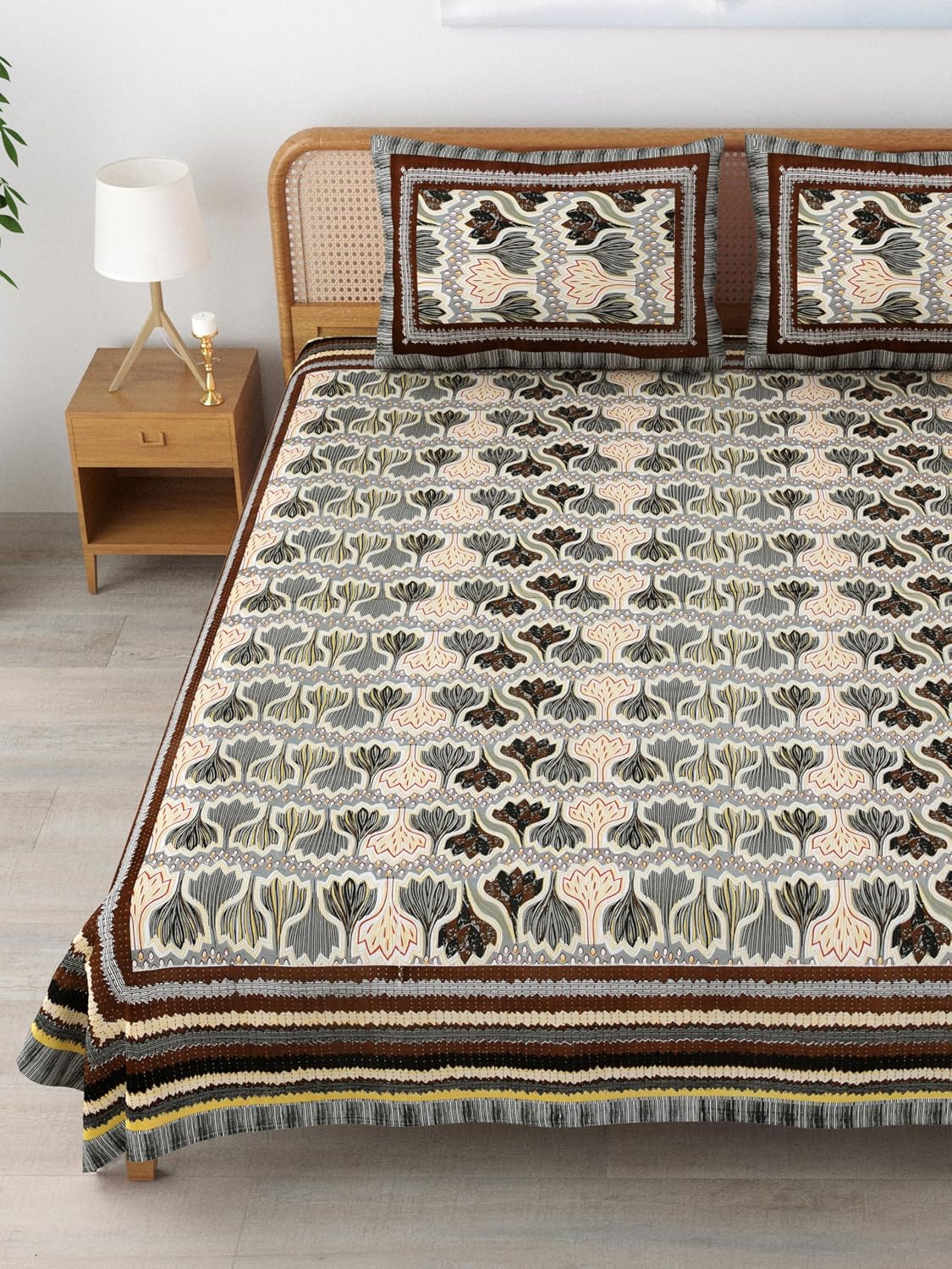 Traditional Rajasthani Cotton Bedsheet For King Size With 2 Matching Pillow Cover | 90 X 108 Inches, Beige & Brown | Soft & Comfortable Fabric