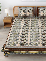 Traditional Rajasthani Cotton Bedsheet For King Size With 2 Matching Pillow Cover | 90 X 108 Inches, Beige & Brown | Soft & Comfortable Fabric