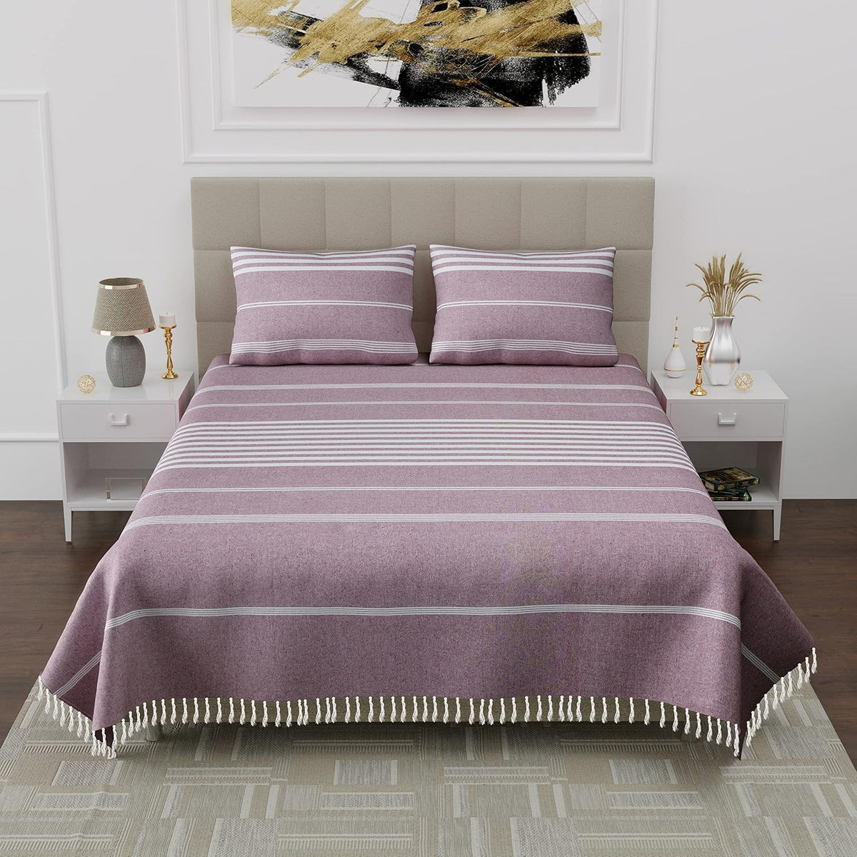 100% Cotton Double Bedsheet With Two Pillow Cover - Queen Size 90 X 100 Inches, Dusty Lavender | Handloom Cotton Bedsheets For Double Bed | All Season Comfort