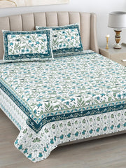 Cotton Queen Size Bedsheet For Double Bed With 2 Pillow Covers | 90 X 108 Inches, White & Green | Cotton Bedsheet Is Suitable For All Seasons | Ultra-Soft, Skin-Safe & Breathable Fabric