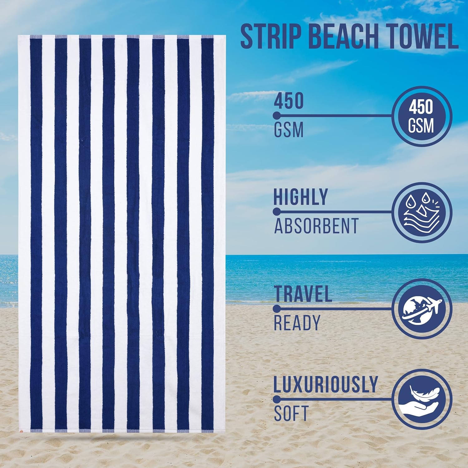 Home + Studio 100% Cotton Bath Towel 650 Gsm | Hotel Pool, Beach, Gym Towel Extra Large Size Bath Towel - Blue & White Stripes