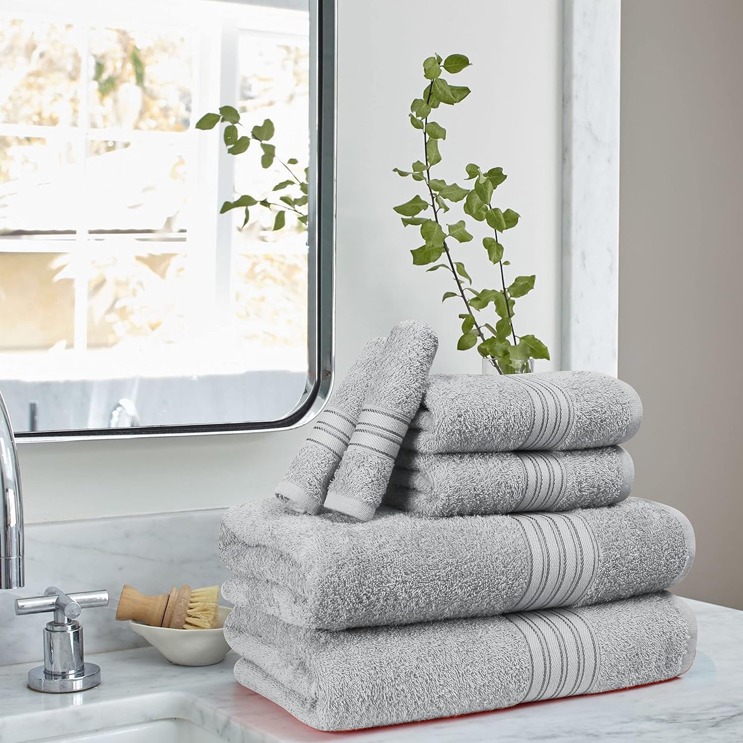 Boutiquo 100% Cotton 2 Bath, 2 Hand & 2 Face Towels 1800 Gsm | Eco-Friendly Towels For Men & Women Ultra Soft & Highly Absorbent - Light Grey (Set Of 6)