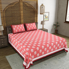 Hand Block Printed Cotton King Size Bedsheet With 2 Pillow Covers, 106 X 106 Inches, Pink | 200 Thread Count-Good For Villas, Guest Houses, & Daily Home Use
