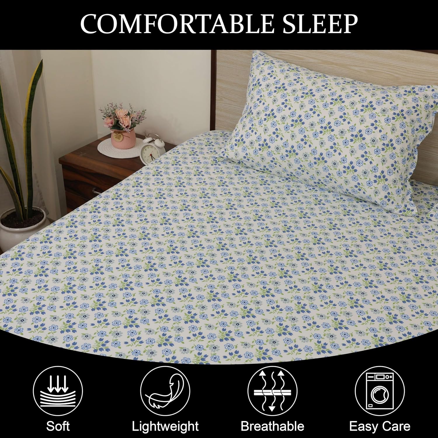 Printed Double Bed Sheet Include Pillow Covers - Size-90 X 100 Inches, White | Vibrant Colors & Soft Texture Wash After Wash