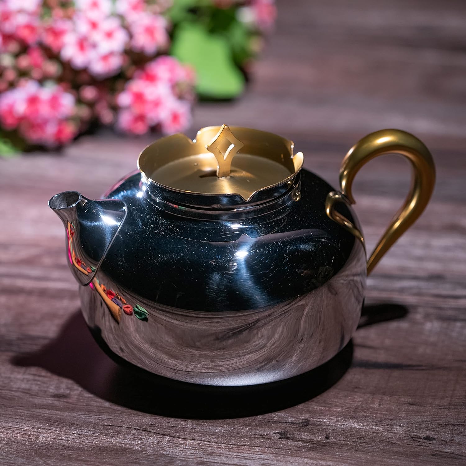Designer Stainless Steel Tea Serving Pot With Lid & Handle, Silver & Gold - Aladdin Series | Coffee Kettle For Home, Kitchen