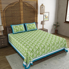 Hand Block Printed Cotton King Size Bedsheet With 2 Pillow Covers, 106 X 106 Inches, Green | 200 Thread Count-Good For Villas, Guest Houses, & Daily Home Use