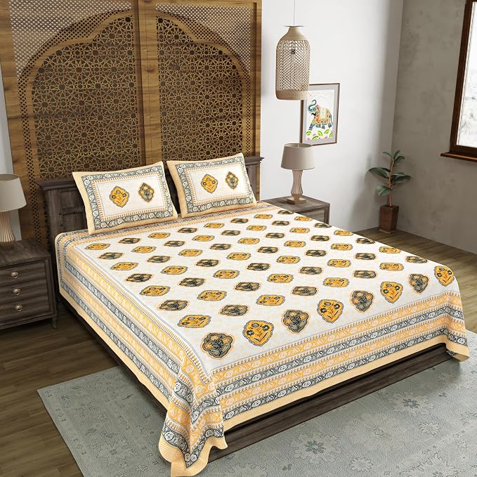 Traditional Hand Block Printed Cotton King Size Bedsheet With 2 Pillow Covers, 90 X 108 Inches, Yellow | Vibrant Bedding For Stylish Bedrooms