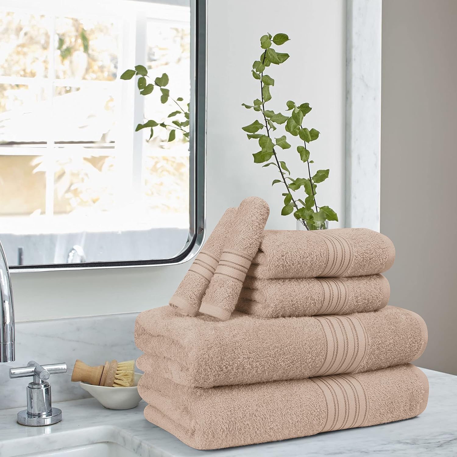 Boutiquo 100% Cotton 2 Bath, 2 Hand & 2 Face Towels 1800 Gsm | Eco-Friendly Towels For Men & Women Ultra Soft & Highly Absorbent - Tan (Set Of 6)