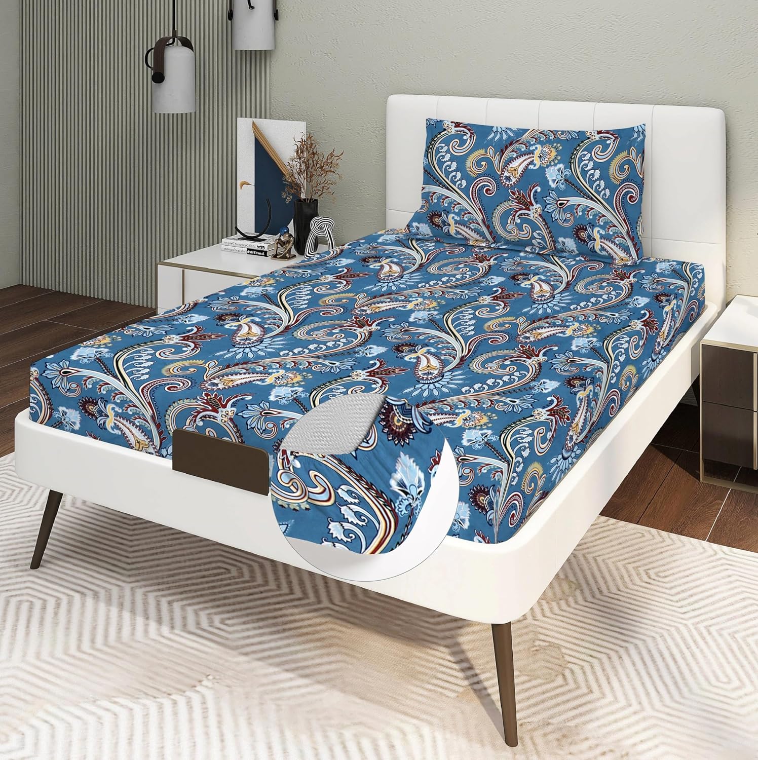 1 Single Bedsheet With 1 Pillow Cover - 48 X 72 X 8 Inches, Blue | All Around Elastic Fitted Bedsheets | Hand Wash Or Machine Wash Warm