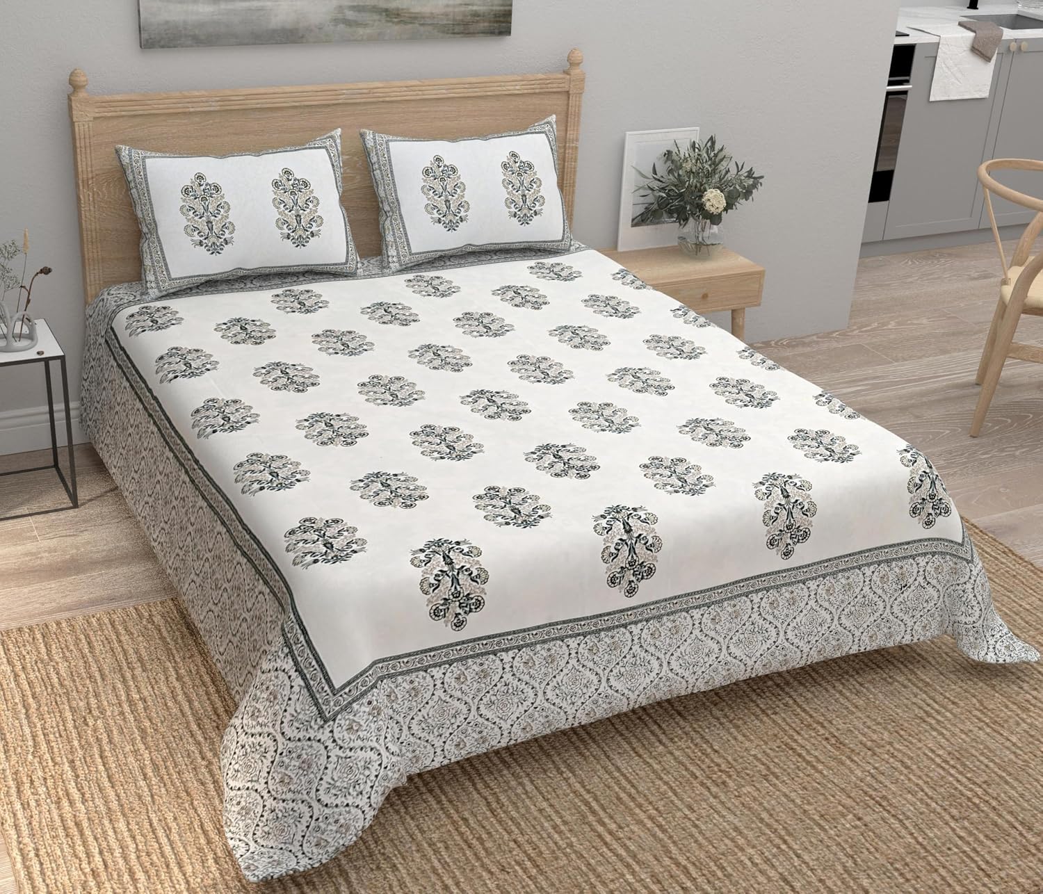 100% Cotton Jaipuri Bedsheet For King Size (90 X 103 Inches, Cream & Brown) With 2 Pillow Covers | Perfect For Everyday Use, Guest Rooms, Or Gifting On Special Occasions