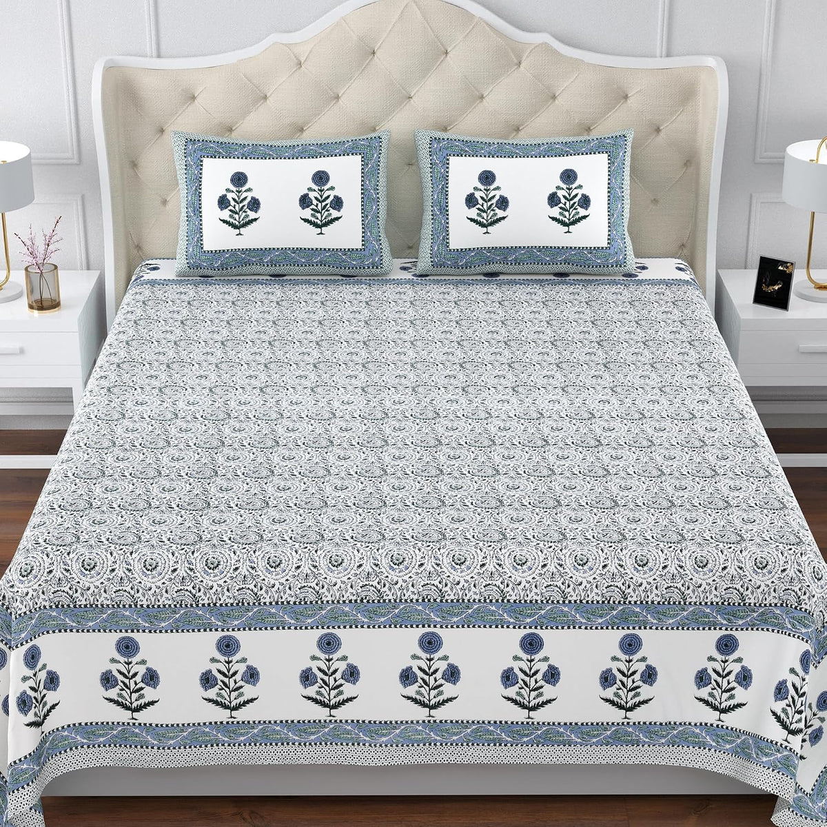 100% Cotton King Size Bedsheet For Double Bed With 2 Pillow Cover - 108 X 108 Inches, Grey & Blue | Extra Soft & Wrinkle Free | Perfect Gifting Wedding, Housewarming Or Festival