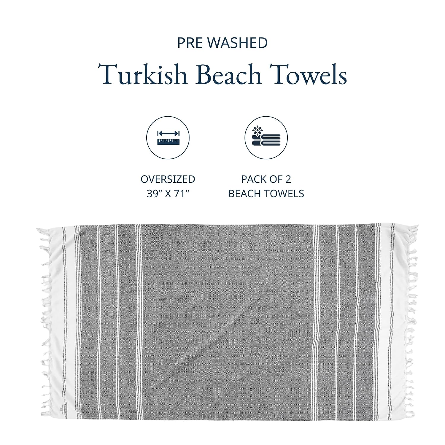 Lane Linen 100% Cotton Beach Towel With Bag Towels 699 Gsm | Oversized Pool Absorbent Extra Large Quick Dry Sand Travel Towel - Ebony (2 Piece)