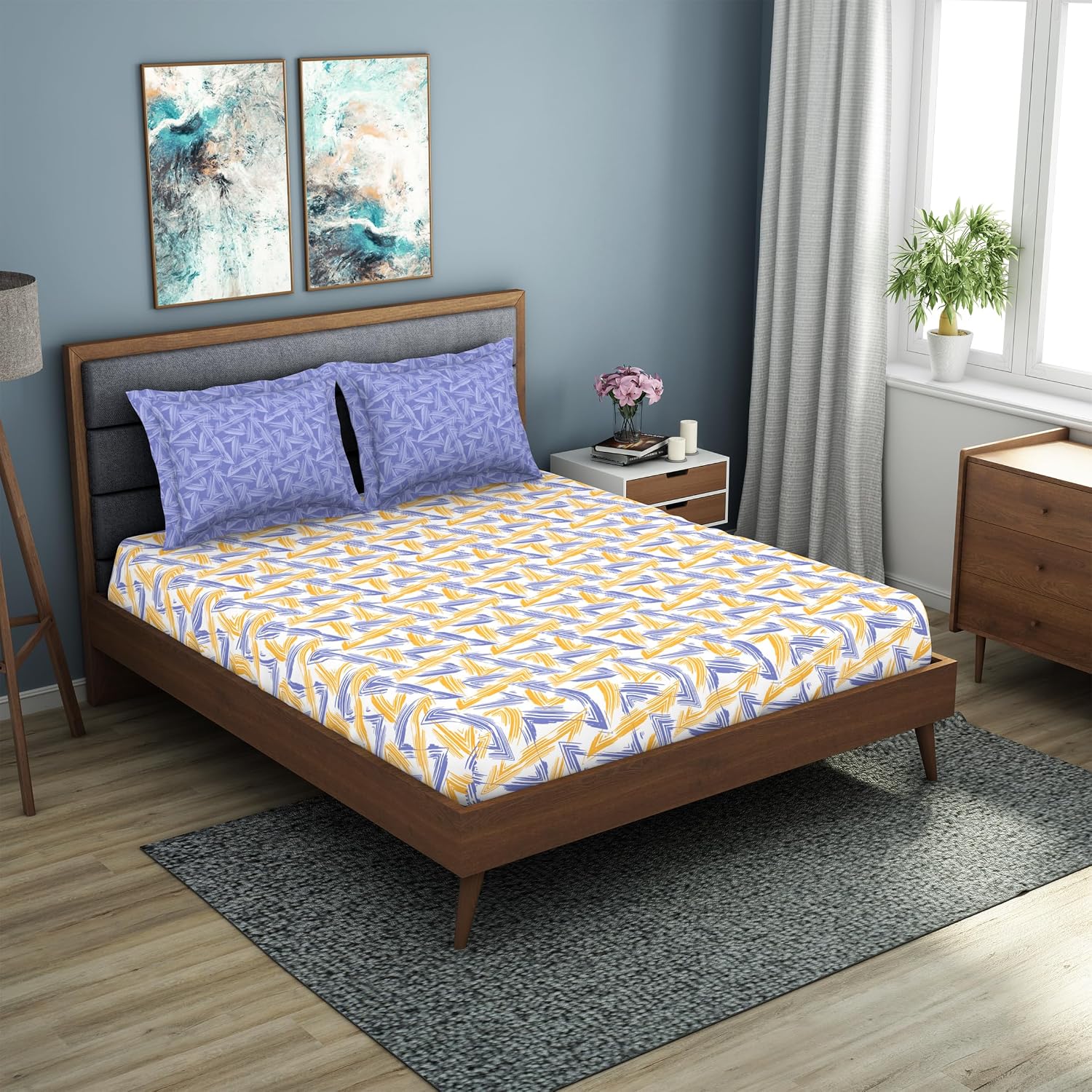 Bedsheet For Double Bed With 2 Pillow Cover - 90 X 100 Inches, Lavender & Yellow | Super Soft Queen Size Bedsheet For Diwali Gifting