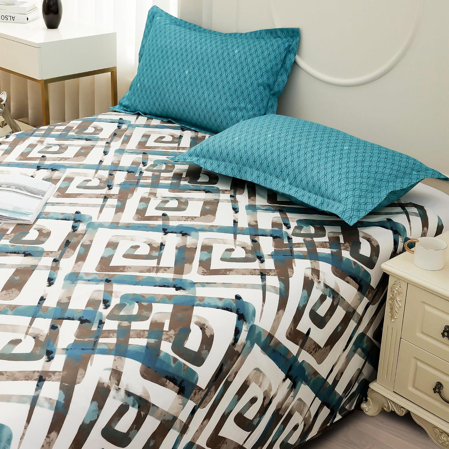 Bedsheets For Double Bed With 2 Pillow Cover - 92 X 98 Inches, Cyan & White | Satin Finish Microfiber Queen Size Bedsheet | Skin Friendly & Breathable Fabric