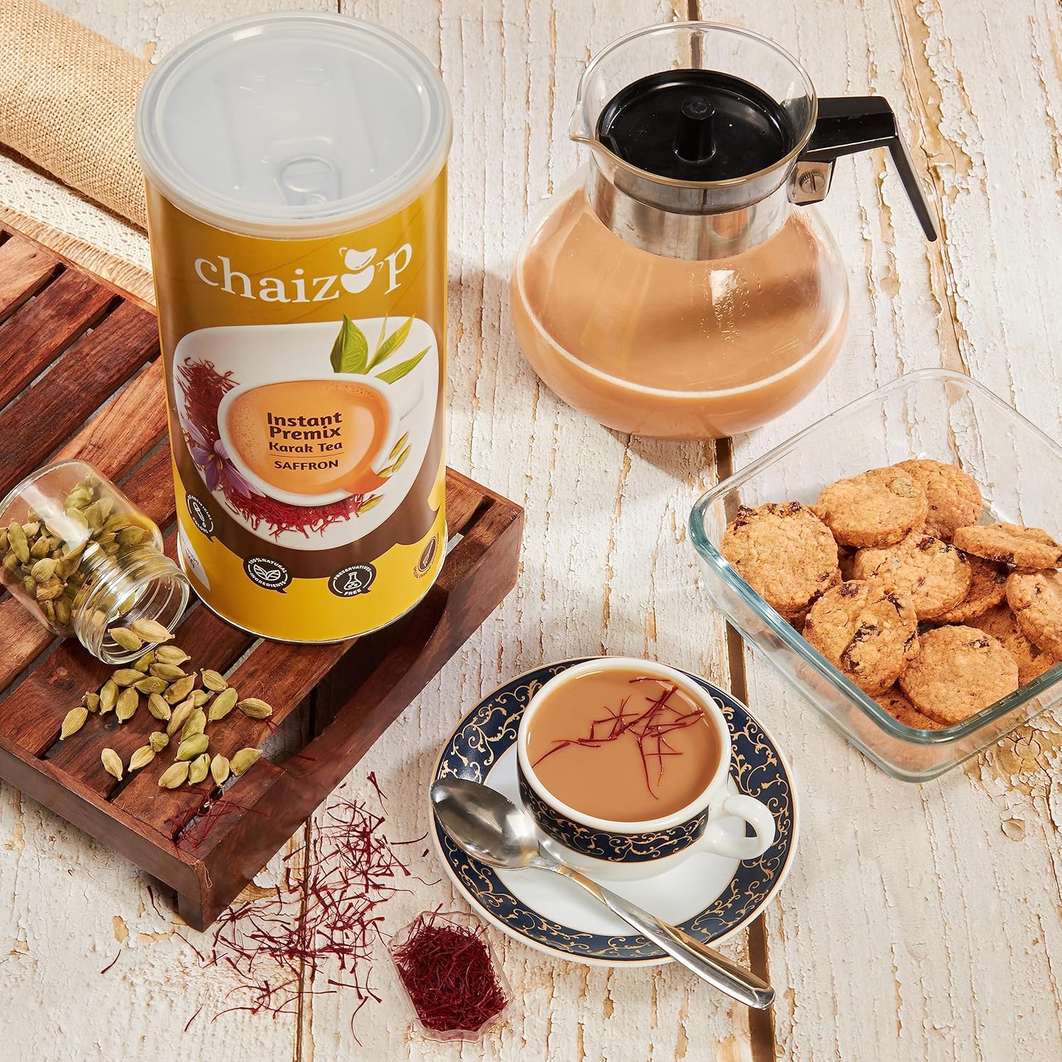 Chaizup Premium 1 Min Instant Saffron Tea Premix - 1 Kg Can, 35.2 Ounce | Instant Kesar Chai Powder - Just Add Hot Water | Low Caffeine