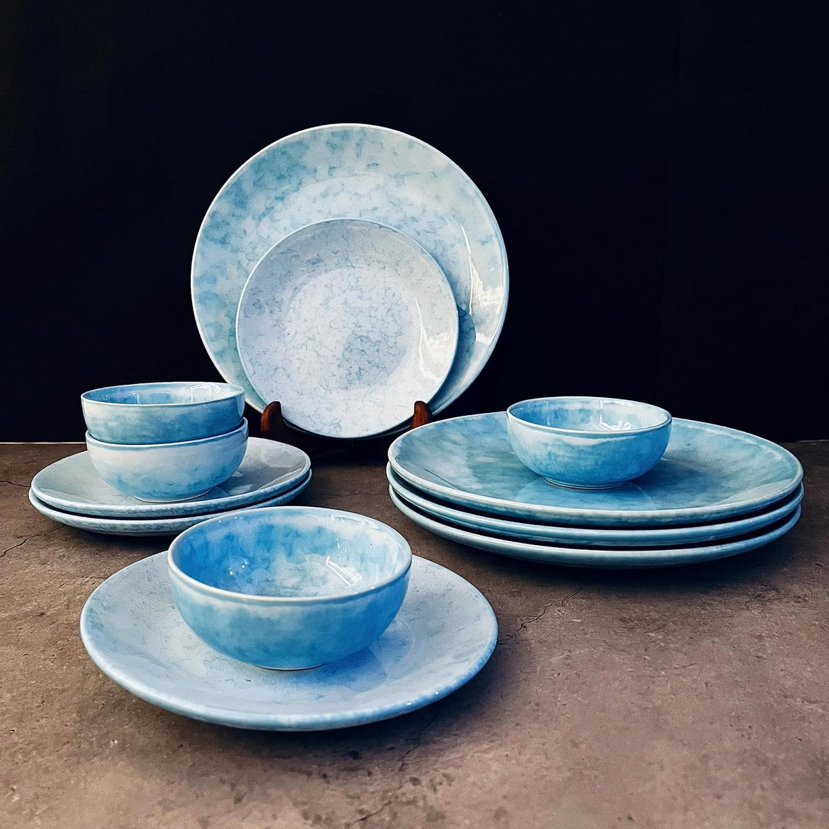 Neelam Handcrafted Ceramic Dinner Set - 12 Pieces, Blue | 4 Dinner Plates + 4 Katori Bowls, 180ml Each+ 4 Quarter Plates Dinnerware Set | Serving For 4, Microwave Safe & Dishwasher Safe