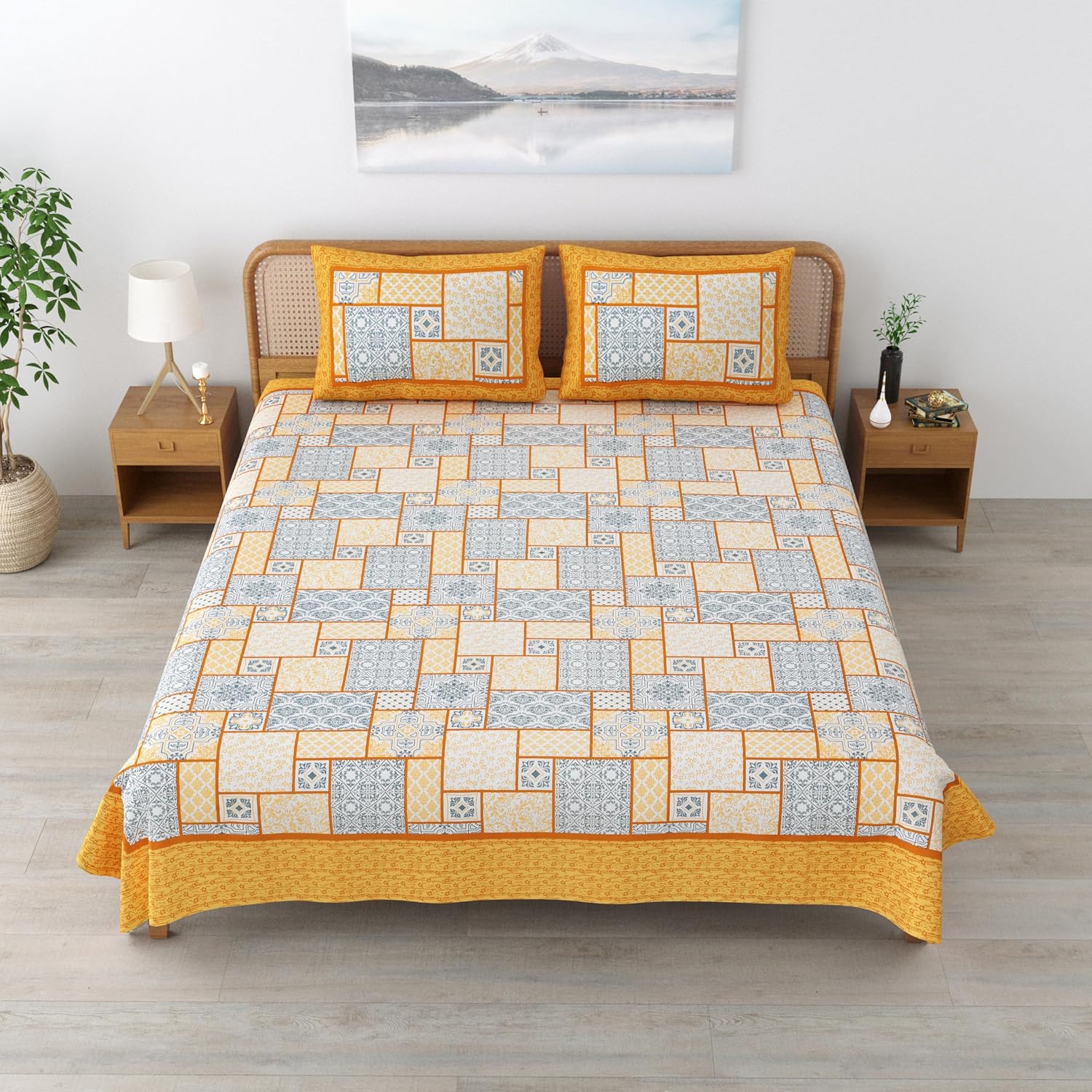 Traditional Rajasthani Cotton Bedsheet For King Size With 2 Matching Pillow Cover | 90 X 108 Inches, Mustard Yellow | Soft & Comfortable Fabric