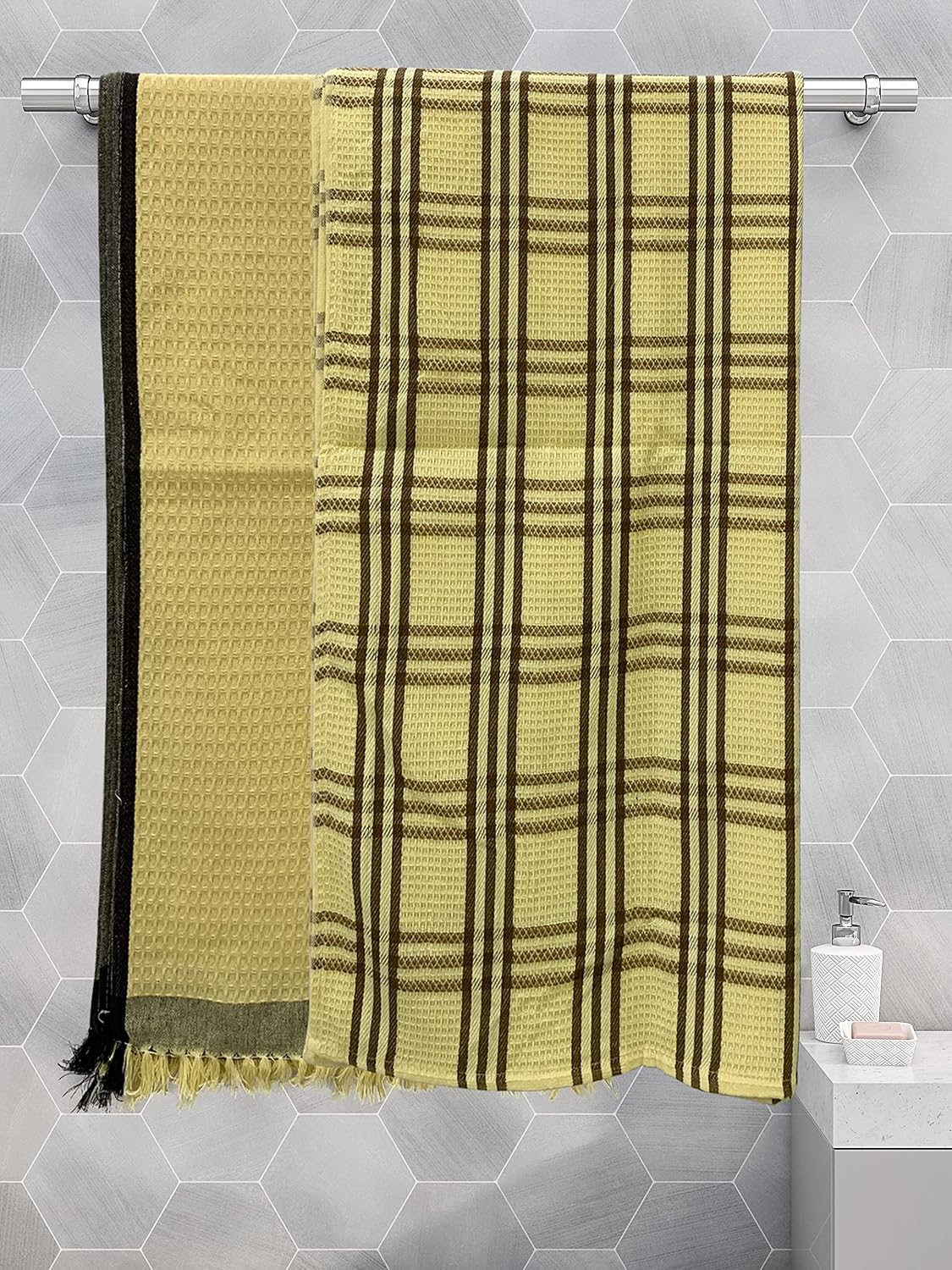 Athom Trendz Living Eco Saviour Premium Cotton Bath Towel 400 Gsm | Waffle Yellow & Alfa Yellow- Pack Of 2