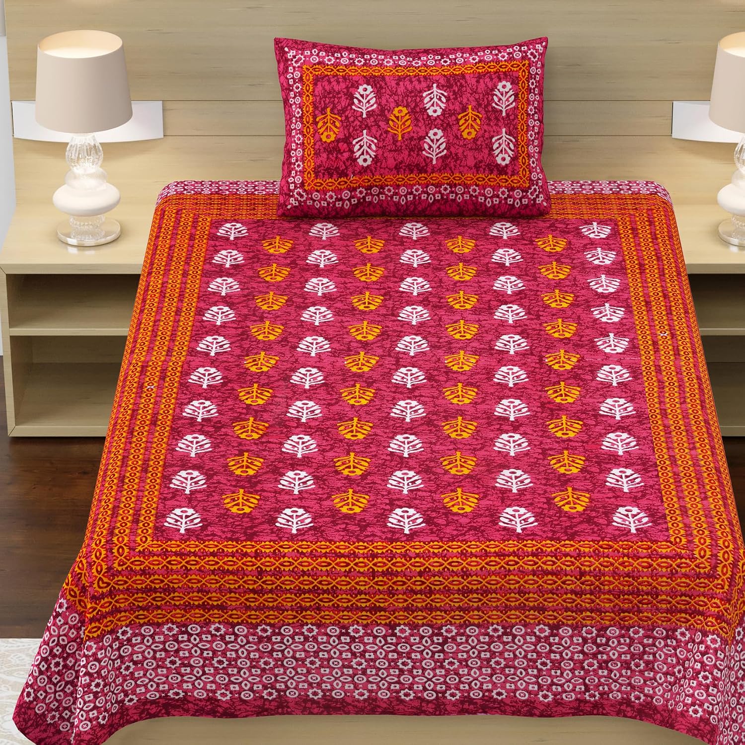 100% Cotton Single Bed Sheet With 1 Pillow Cover - 56 X 86 Inches, Red & White | Super Soft Microfiber, Breathable Wrinkle, Fade Resistant