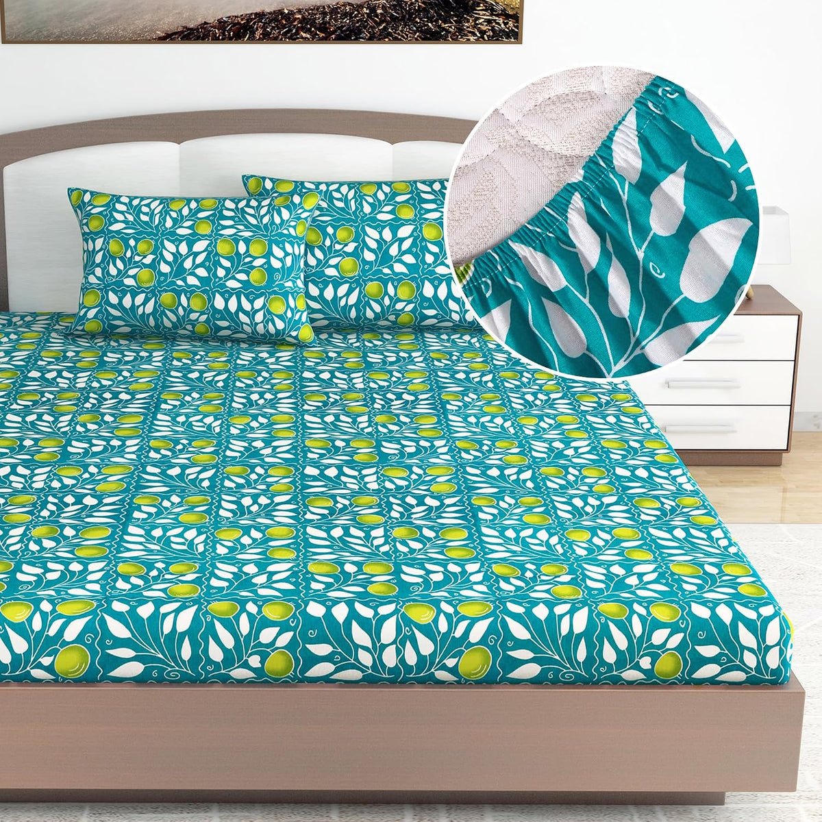 Printed King Size Double Bedsheet With 2 Pillow Cover For Bedroom | 78 X 72 Inches, Sea Green & White - All Around Elastic Fitted | Ideal For Everyday Use