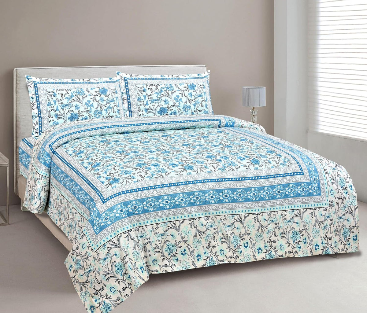 Traditional Rajasthani Design Bedsheet With 2 Pillow Covers - 90 X 108 Inches, Baby Blue & Grey | Color Fade Resistant & Shrinkage Resistant For All-Season Use