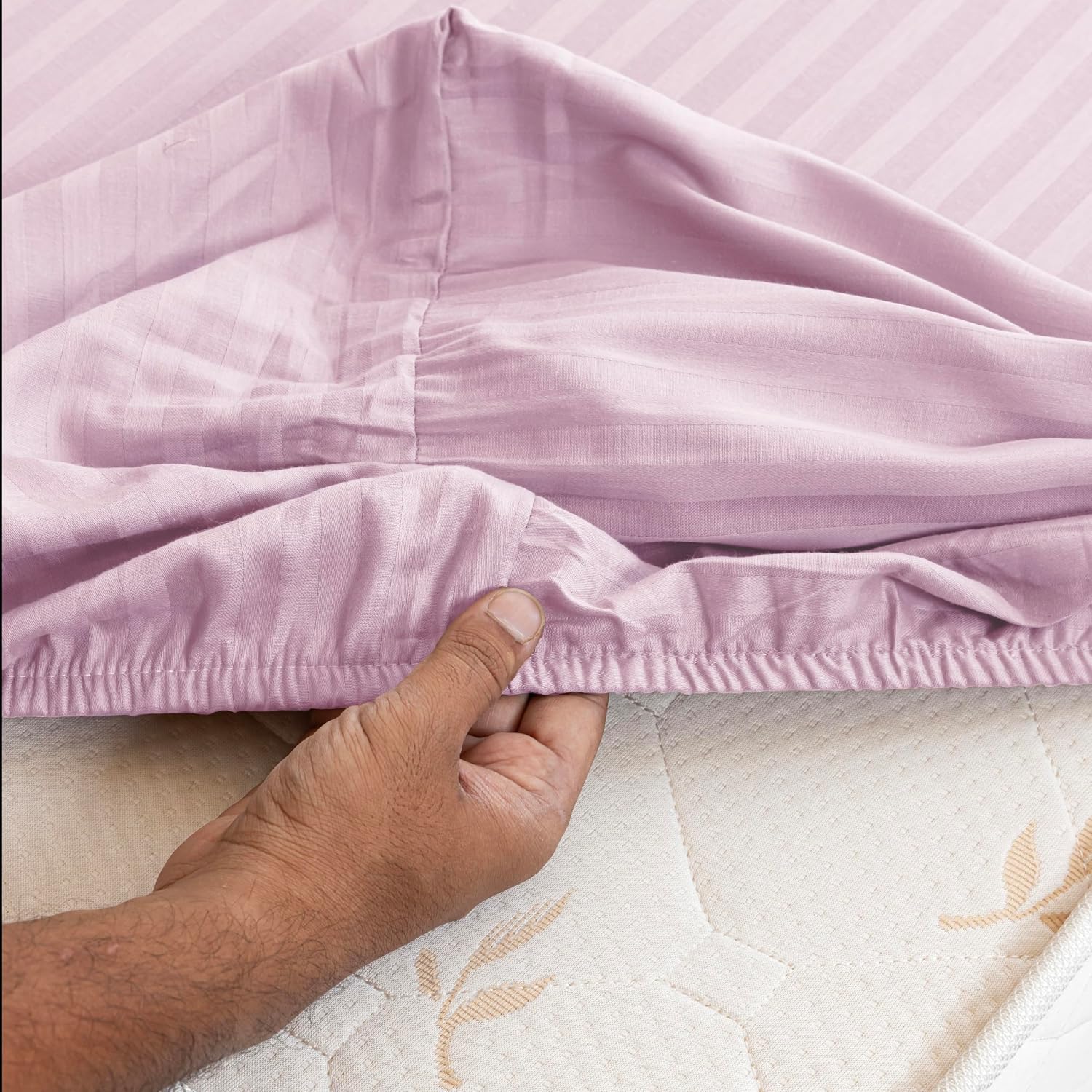 210 TC Cotton Double Bed Fitted Bedsheets With 2 Pillow Cases - 78 X 72 Inches, Light Pink | Satin Stripes Wrinkle Free | Comfortable Fabric Bedsheet