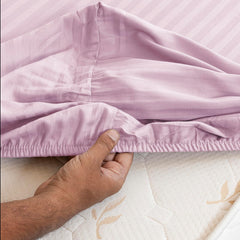 210 TC Cotton Double Bed Fitted Bedsheets With 2 Pillow Cases - 78 X 72 Inches, Light Pink | Satin Stripes Wrinkle Free | Comfortable Fabric Bedsheet